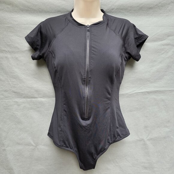 Sea Level Austrailia Black Swim Suit Rash Guard Short Sleeves Sz 8 One Piece Zip - Picture 1 of 4